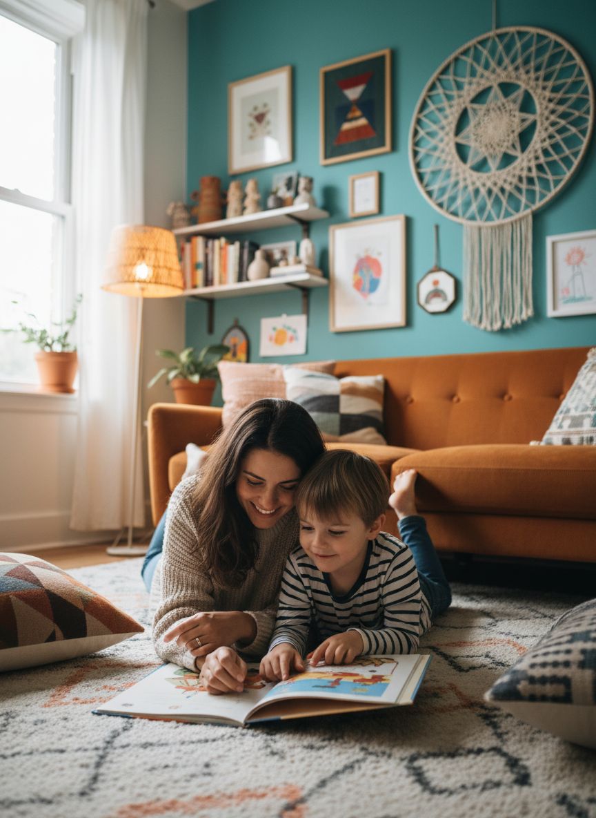 Mother and child reading a book together in a cozy room