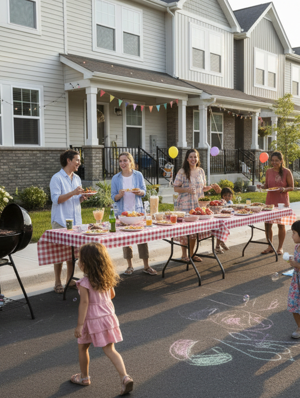 Community block party with people gathered along a street